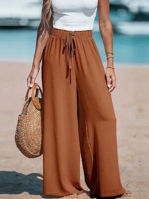 Casual Loose Solid High Rise Full Length Palazzo Trousers - Image 6