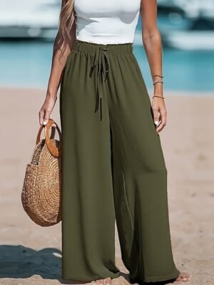 Casual Loose Solid High Rise Full Length Palazzo Trousers - Image 7