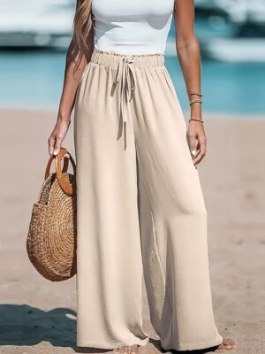 Casual Loose Solid High Rise Full Length Palazzo Trousers - Image 8