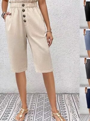 Casual Loose Solid High Waist Knee Length Chinos Shorts - Image 1