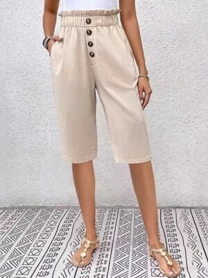 Casual Loose Solid High Waist Knee Length Chinos Shorts - Image 6