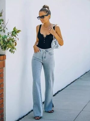Casual Loose Solid Medium Waist Full Length Jeans - Image 3