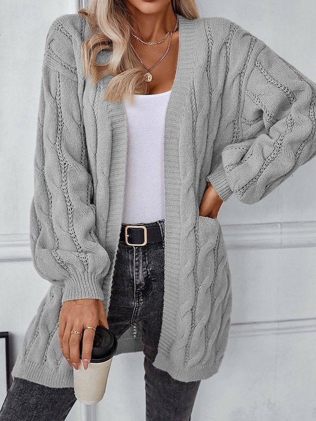 Casual Loose Solid Open Front Long Sleeve Long Cardigan - Image 1