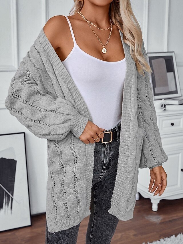 Casual Loose Solid Open Front Long Sleeve Long Cardigan - Image 2