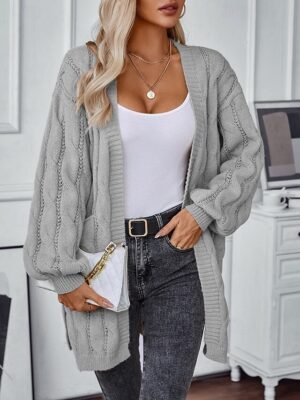 Casual Loose Solid Open Front Long Sleeve Long Cardigan - Image 4