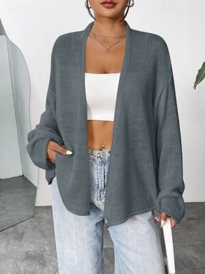 Casual Loose Solid Open Front Long Sleeve Long Cardigan - Image 4