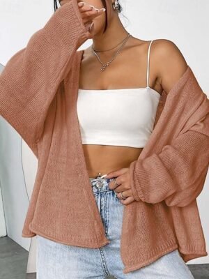 Casual Loose Solid Open Front Long Sleeve Long Cardigan - Image 5