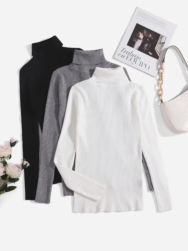 Casual Loose Solid Ribbed Turtleneck Long Sleeve Pullover Sweater - Image 2