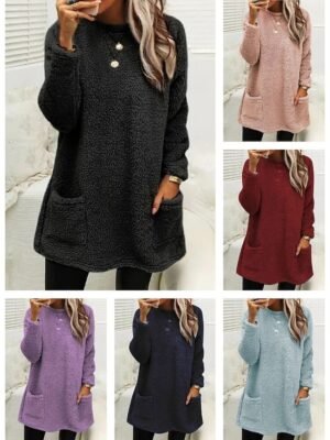 Casual Loose Solid Round Neck Long Sleeve Fleece Sweatshirt - Image 1