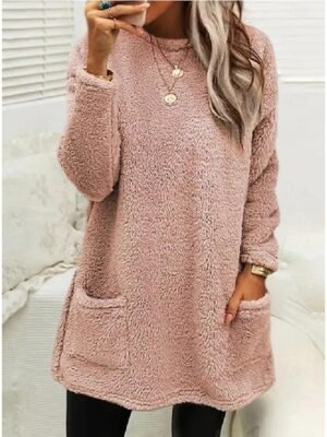 Casual Loose Solid Round Neck Long Sleeve Fleece Sweatshirt - Image 3
