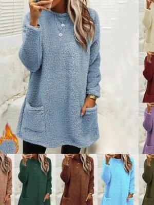 Casual Loose Solid Round Neck Long Sleeve Fleece Sweatshirt - Image 8