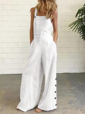 Casual Loose Solid Square Neck Sleeveless Bootcut Dungarees - Image 2