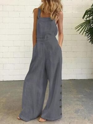 Casual Loose Solid Square Neck Sleeveless Bootcut Dungarees - Image 3