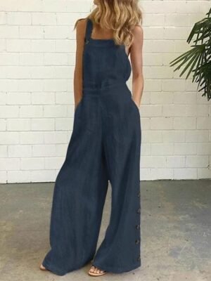Casual Loose Solid Square Neck Sleeveless Bootcut Dungarees - Image 4