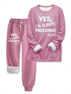 Casual Loose Solid Text Print Round Neck Long Sleeve Loungewear Set - Image 1
