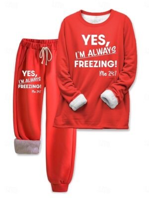 Casual Loose Solid Text Print Round Neck Long Sleeve Loungewear Set - Image 3