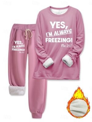 Casual Loose Solid Text Print Round Neck Long Sleeve Loungewear Set - Image 5