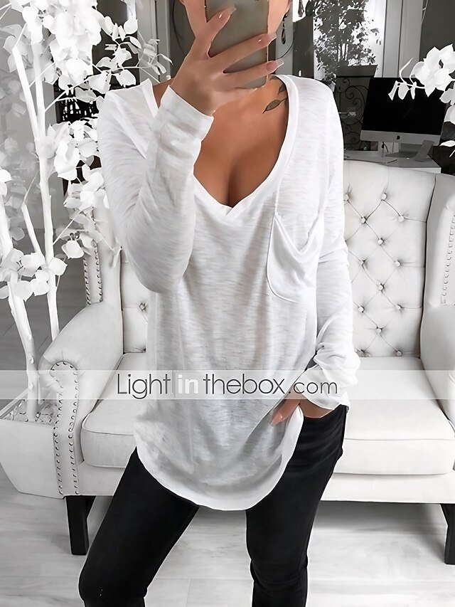 Casual Loose Solid V Neck Long Sleeve Tunic Tee - Image 1