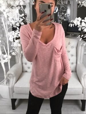 Casual Loose Solid V Neck Long Sleeve Tunic Tee - Image 2