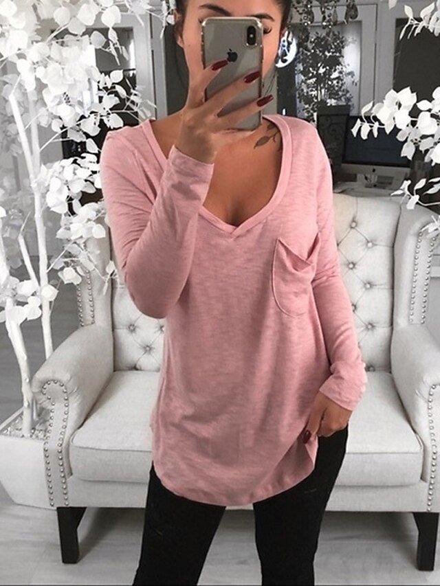 Casual Loose Solid V Neck Long Sleeve Tunic Tee - Image 2