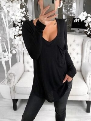 Casual Loose Solid V Neck Long Sleeve Tunic Tee - Image 3