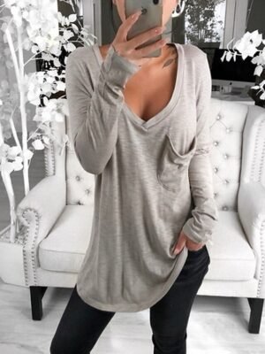 Casual Loose Solid V Neck Long Sleeve Tunic Tee - Image 4