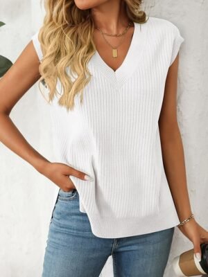 Casual Loose Solid V Neck Sleeveless Regular Knit Top - Image 10