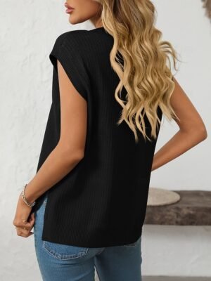 Casual Loose Solid V Neck Sleeveless Regular Knit Top - Image 14