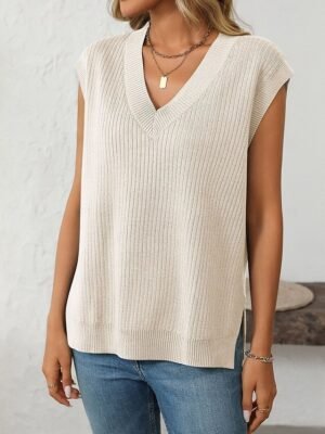 Casual Loose Solid V Neck Sleeveless Regular Knit Top - Image 16