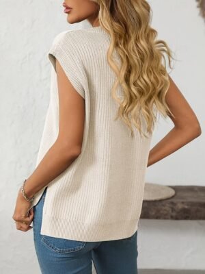 Casual Loose Solid V Neck Sleeveless Regular Knit Top - Image 19