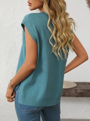 Casual Loose Solid V Neck Sleeveless Regular Knit Top - Image 5