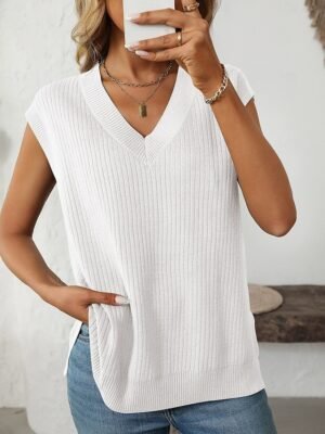Casual Loose Solid V Neck Sleeveless Regular Knit Top - Image 7