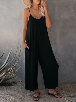 Casual Loose Solid V Neck Spaghetti Strap Wide Leg Jumpsuit - Image 1