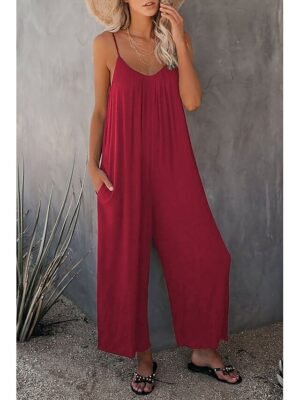 Casual Loose Solid V Neck Spaghetti Strap Wide Leg Jumpsuit - Image 7