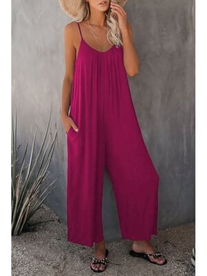 Casual Loose Solid V Neck Spaghetti Strap Wide Leg Jumpsuit - Image 9