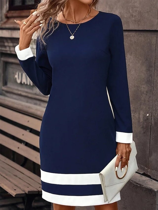 Casual Loose Striped Crew Neck Long Sleeve Mini Dress - Image 1
