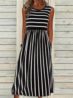 Casual Loose Striped Crew Neck Sleeveless Midi Dress - Image 1