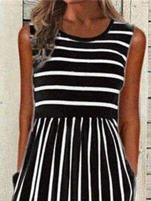 Casual Loose Striped Crew Neck Sleeveless Midi Dress - Image 2