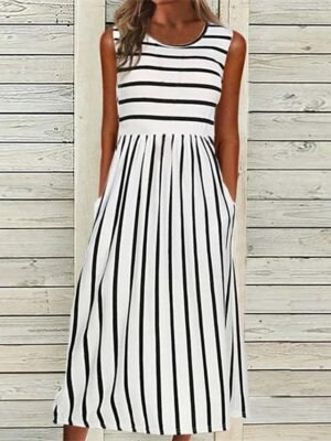 Casual Loose Striped Crew Neck Sleeveless Midi Dress - Image 4