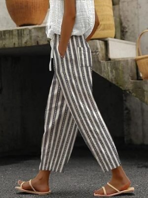 Casual Loose Striped Drawstring Ankle-Length Trousers - Image 1