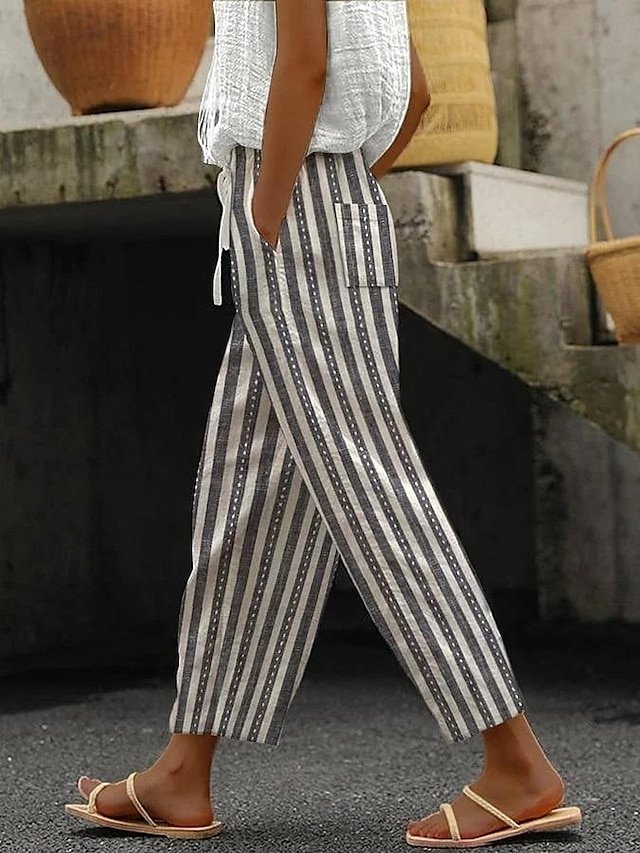 Casual Loose Striped Drawstring Ankle-Length Trousers - Image 1