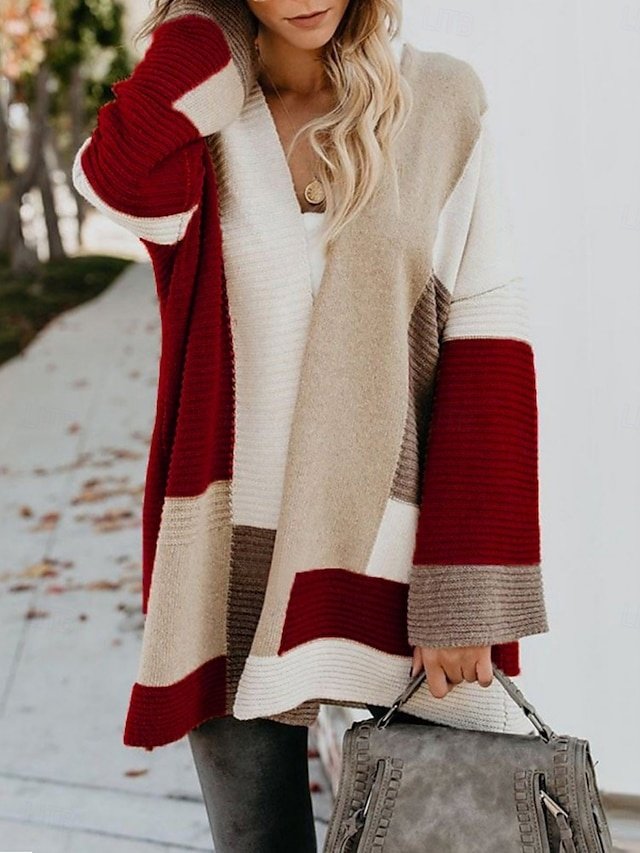 Casual Loose Striped Open Front Long Sleeve Long Cardigan - Image 1