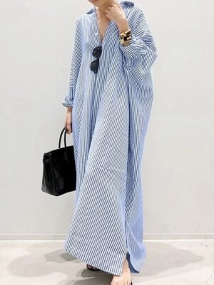 Casual Loose Striped Shirt Collar Long Sleeve Maxi Dress - Image 10