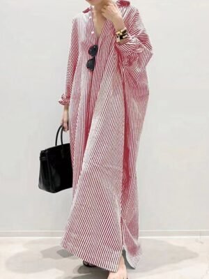 Casual Loose Striped Shirt Collar Long Sleeve Maxi Dress - Image 11