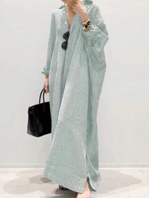 Casual Loose Striped Shirt Collar Long Sleeve Maxi Dress - Image 12