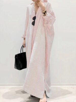 Casual Loose Striped Shirt Collar Long Sleeve Maxi Dress - Image 13