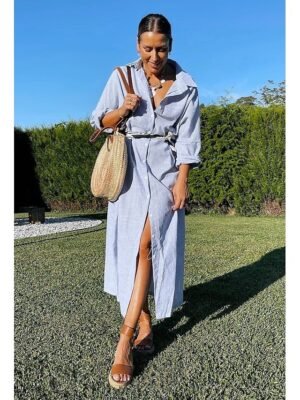 Casual Loose Striped Shirt Collar Long Sleeve Maxi Dress - Image 5