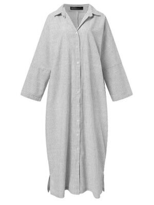 Casual Loose Striped Shirt Collar Long Sleeve Maxi Dress - Image 7