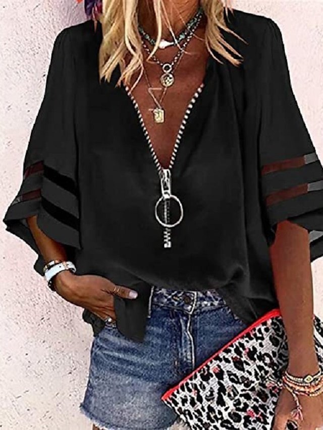 Casual Loose Striped V Neck 3/4 Sleeve Midi Blouse - Image 2