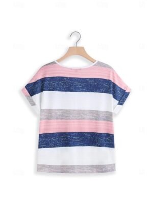 Casual Loose Striped V Neck Short Sleeve Summer Tee - Image 11